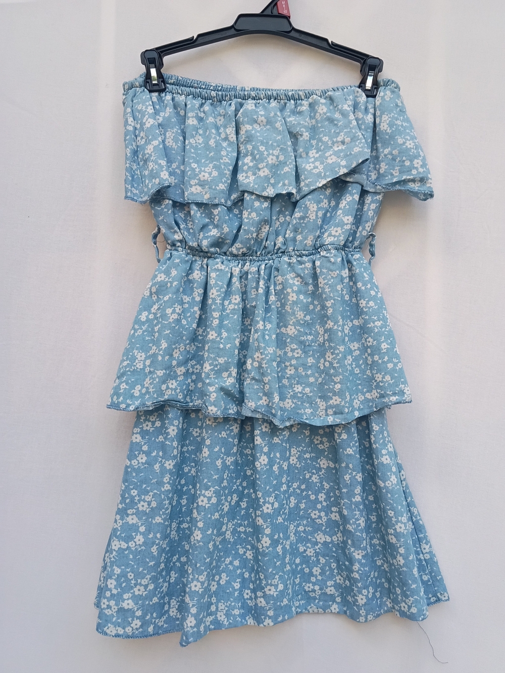 Off-Shoulder Light Blue Floral Mini Dress with Ruffled Tier